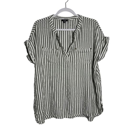 Jones New York Signature XL Grey White Striped Linen Blend Tunic V-Neck Top - Picture 2 of 15